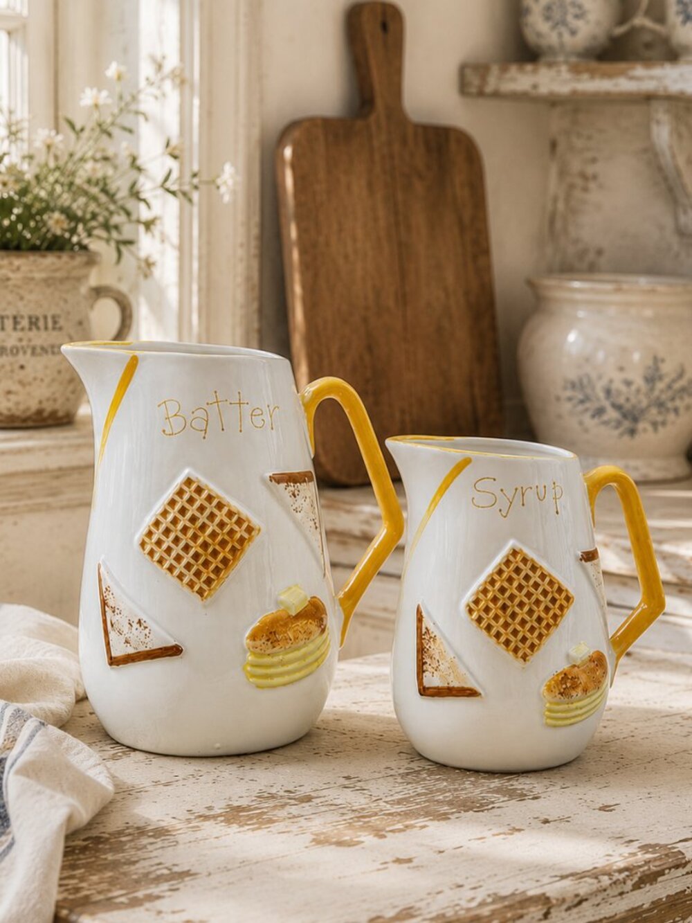 Vintage Batter and Syrup Serving Breakfast Pitchers 3D Pancake Waffle Design